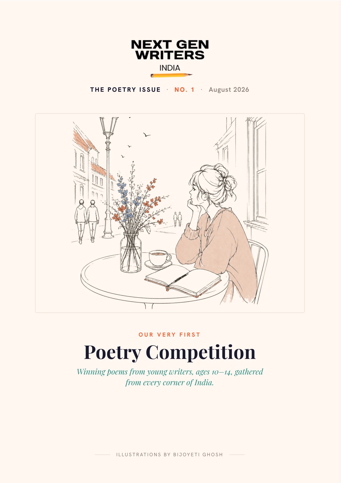 Cover of the first Next Gen Writers magazine, The Poetry Issue: a girl writing in a notebook at a cafe table with a cup of tea and a vase of wildflowers, a quiet street behind her.