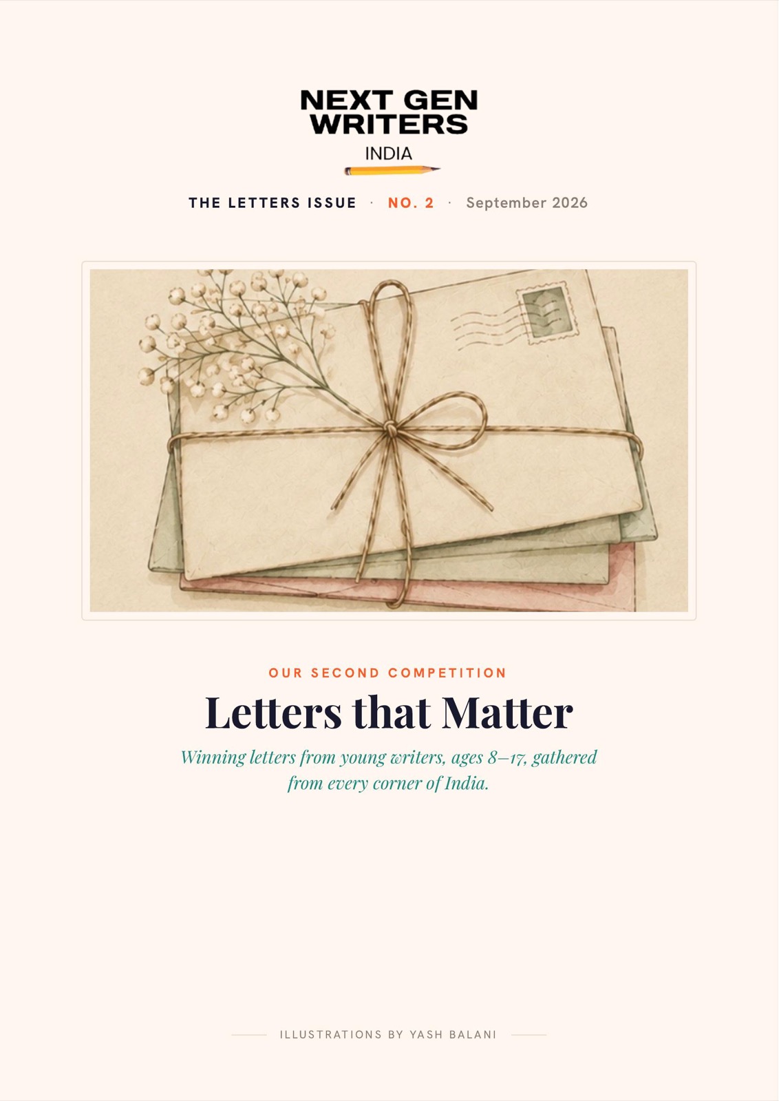 Cover of the second Next Gen Writers magazine, The Letters Issue: a bundle of aged envelopes tied with twine, a sprig of dried flowers tucked under the string.